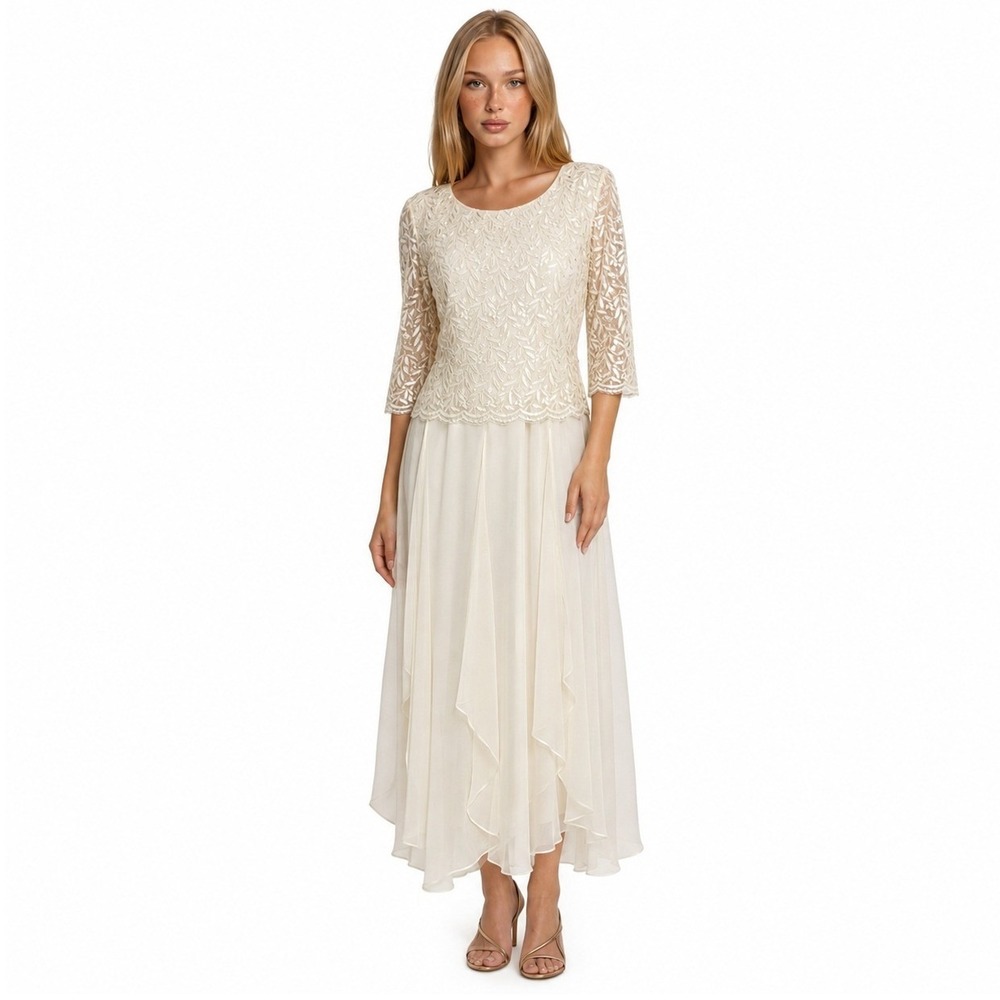 NWT Karen Miller Evening Gown Dress Women's Size 14 Eggshell Lace Handkerchief